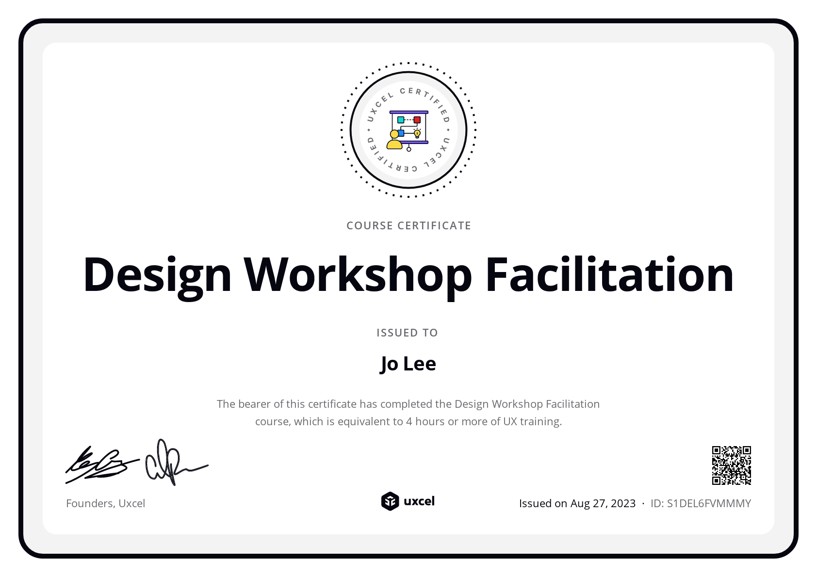 Jo Lee's certificate